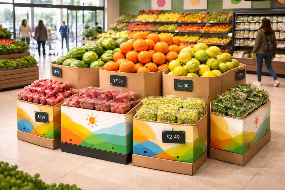 Seasonal Produce Island With Cardboard Bins Seasonal Produce Island With Cardboard Bins