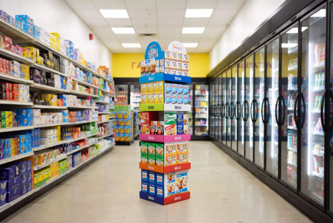 Vertical Cardboard Tower In Small Store