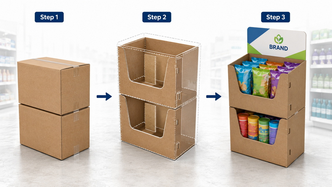 Reused Cardboard Boxes Pop Dump Bin